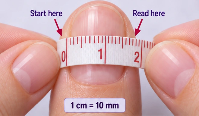 Preview of a flexible tape measuring the curved nail width