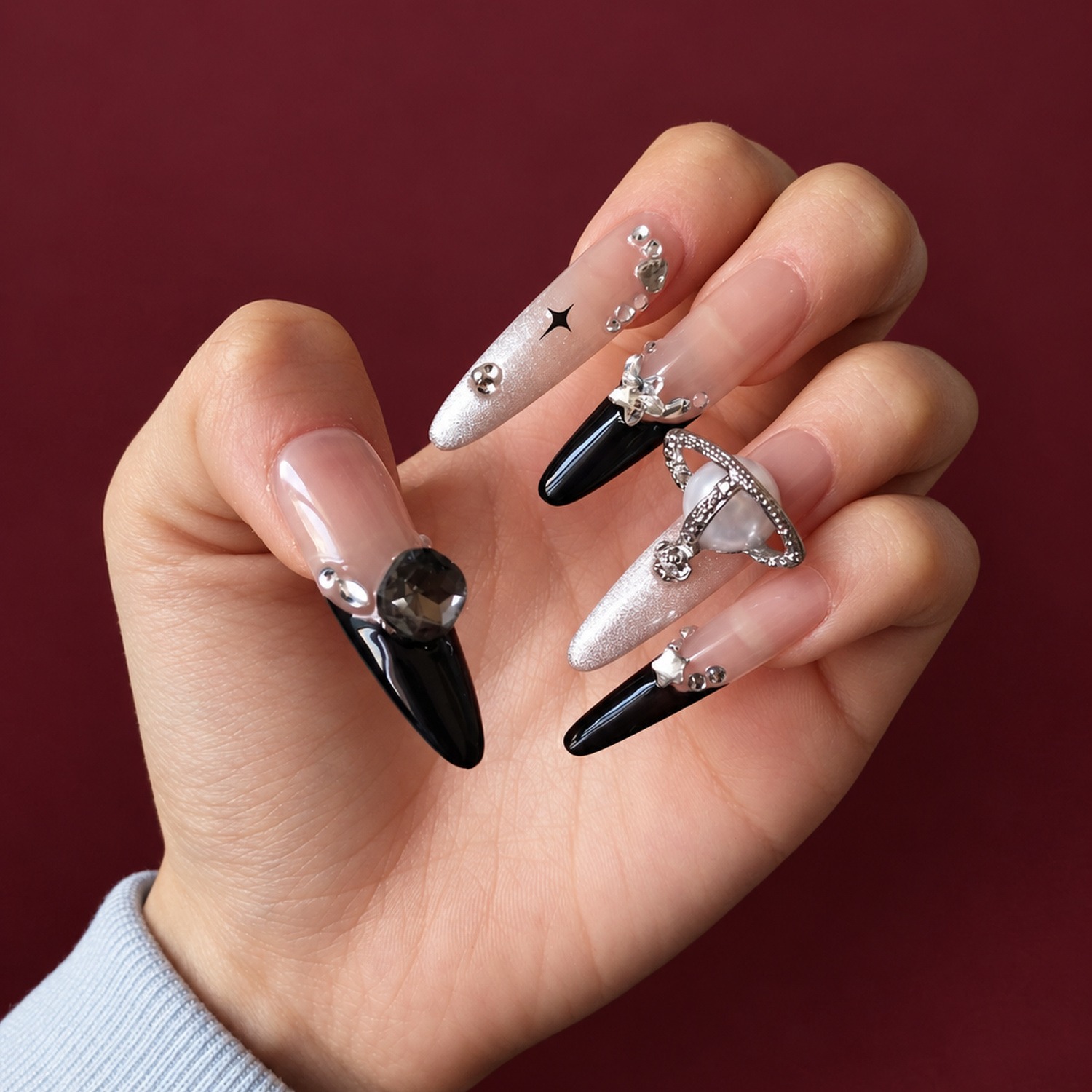 Black & Silver Star Rhinestone Long Stiletto Press-On Nails — product view 2