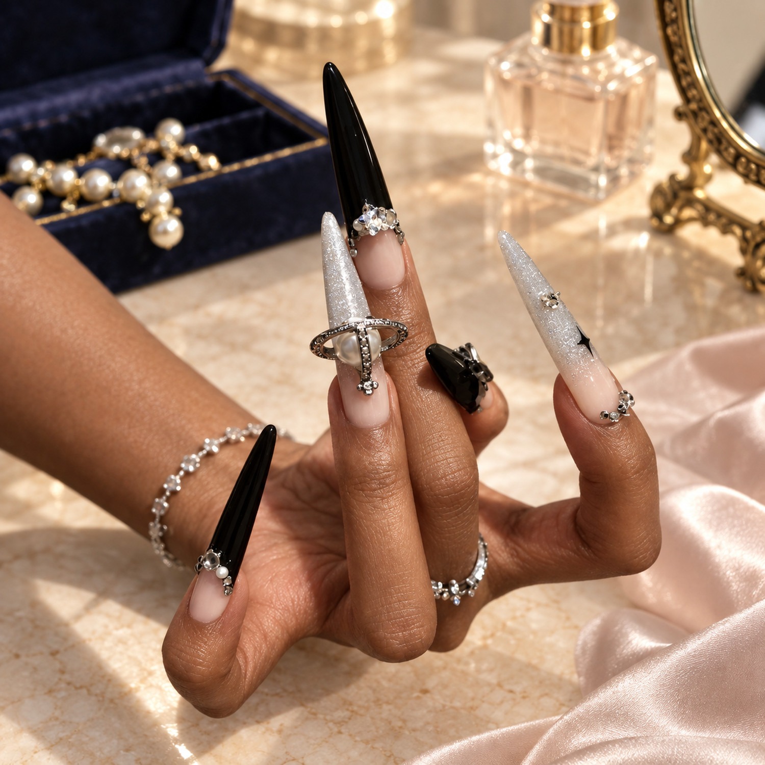 Black & Silver Star Rhinestone Long Stiletto Press-On Nails — product view 3