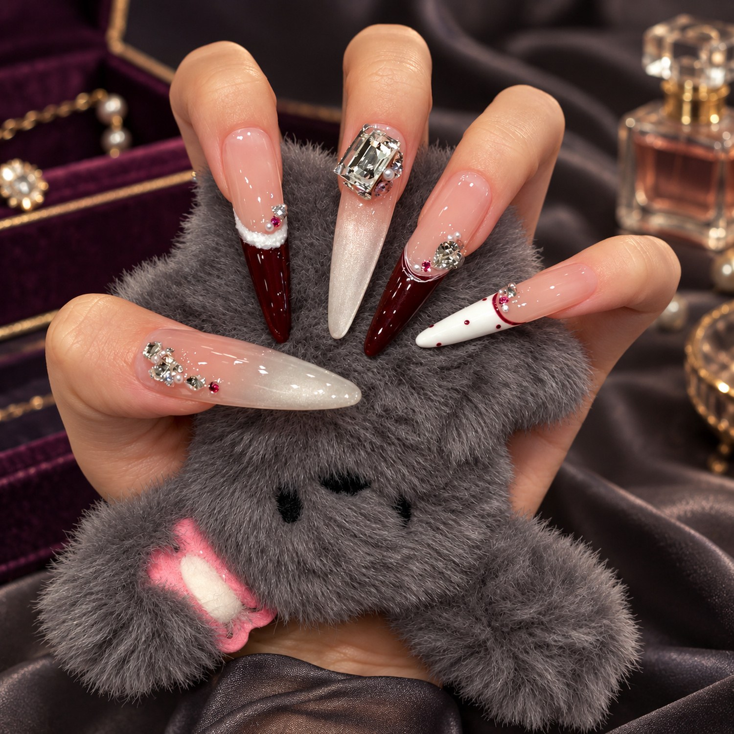 Brown Polka Dot French Tip Long Press-On Nails — product view 2