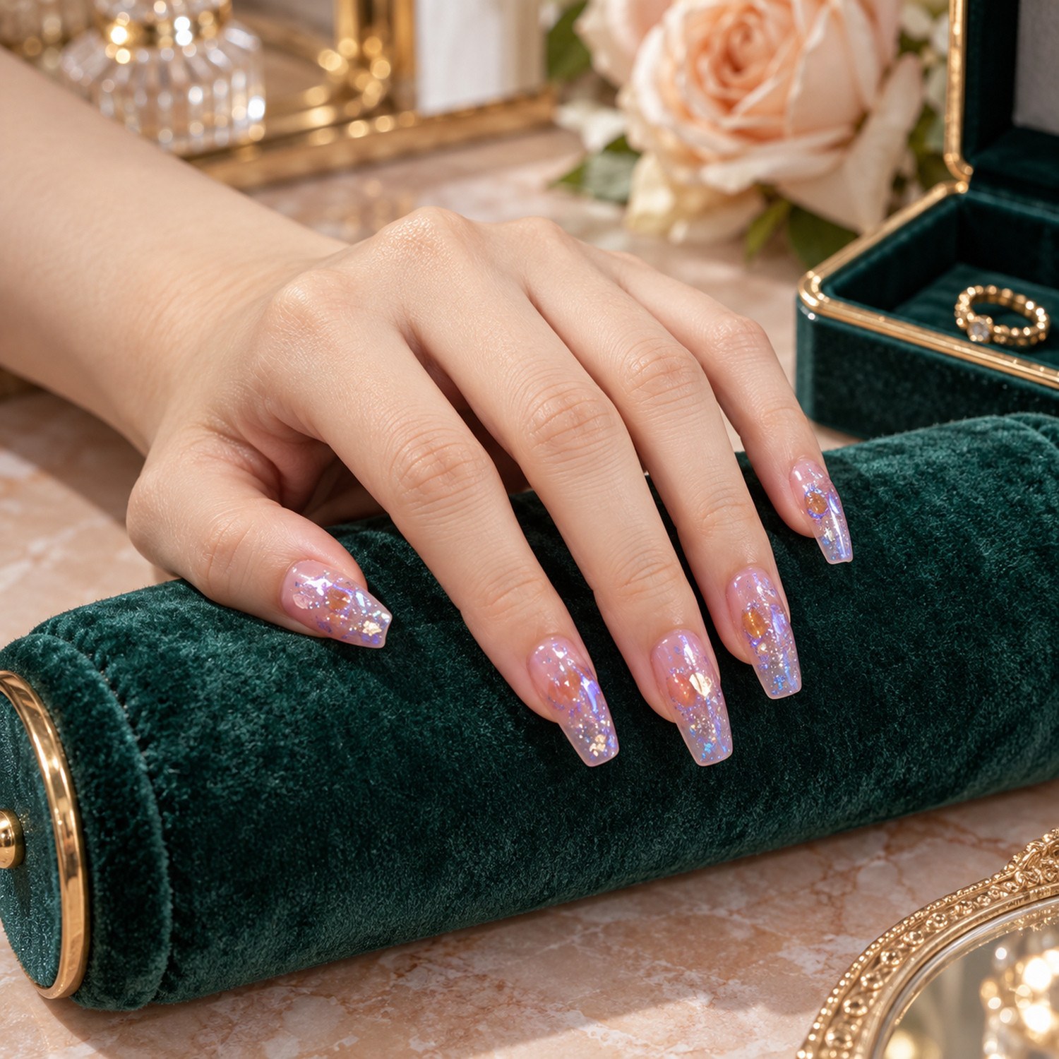 Clear Iridescent Crystal Long Coffin Press-On Nails — product view 2