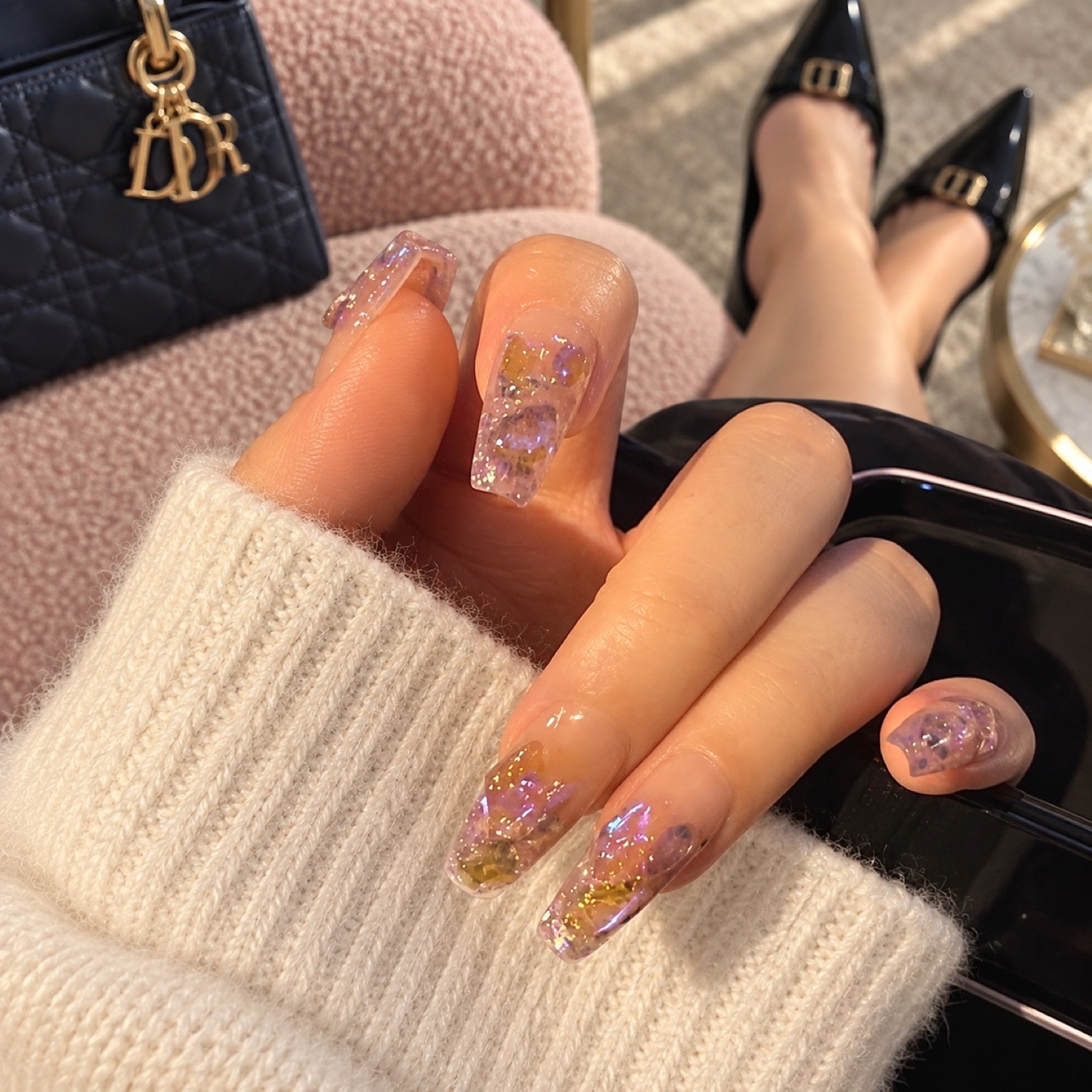 Clear Iridescent Crystal Long Coffin Press-On Nails — product view 3