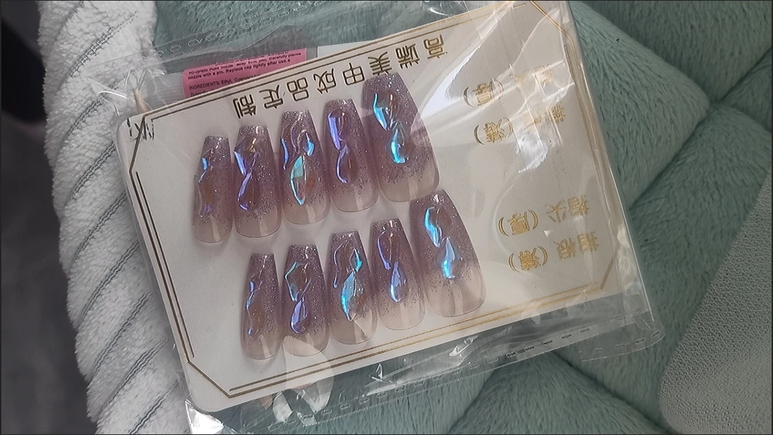 Clear Iridescent Crystal Long Coffin Press-On Nails — customer review photo