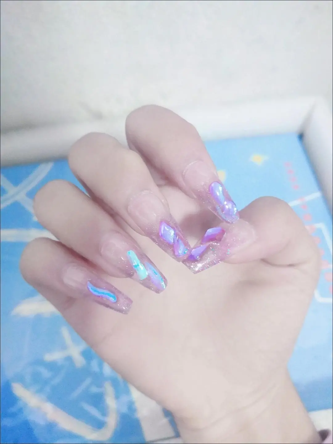 Clear Iridescent Crystal Long Coffin Press-On Nails — customer review photo
