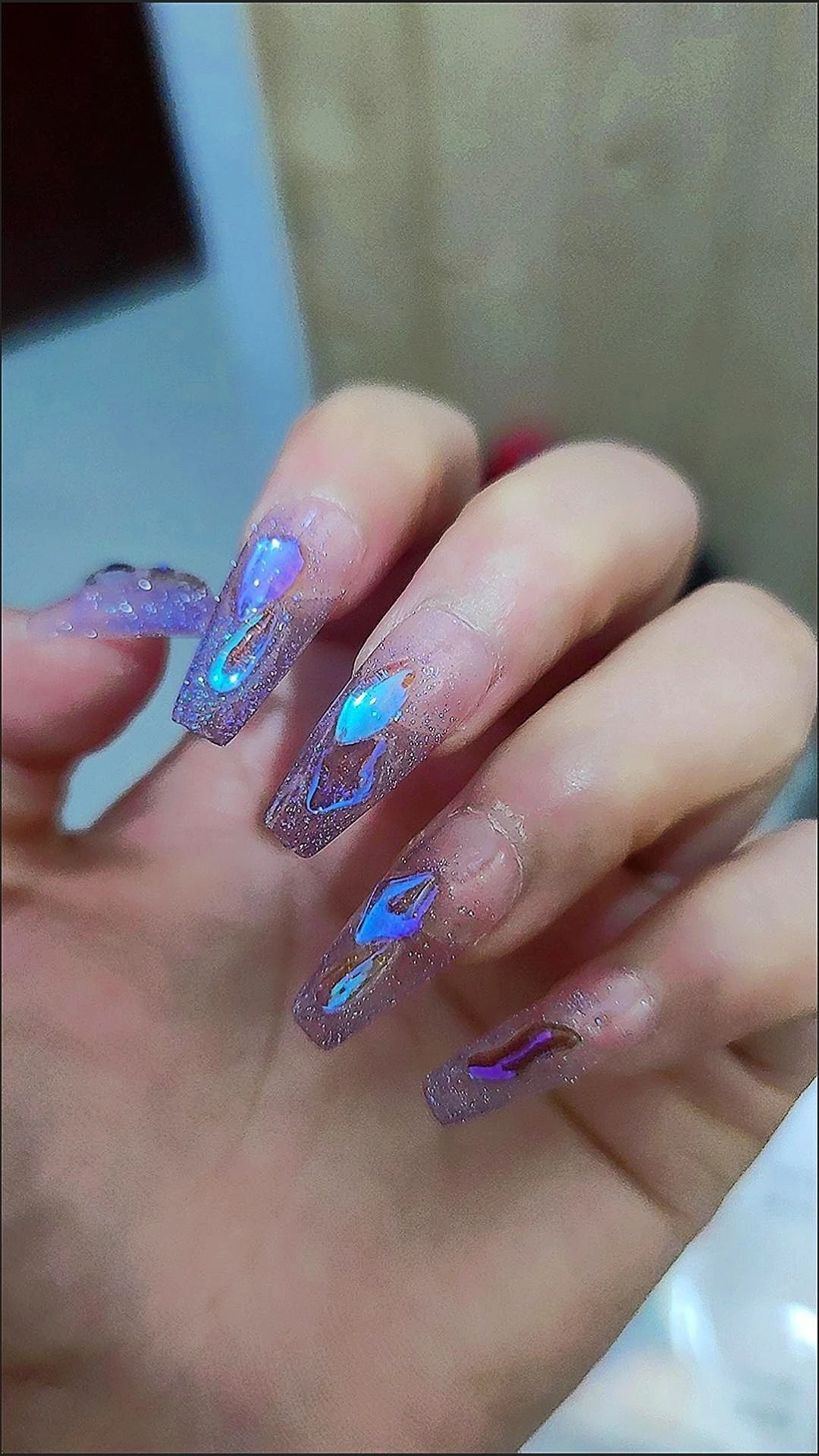 Clear Iridescent Crystal Long Coffin Press-On Nails — customer review photo