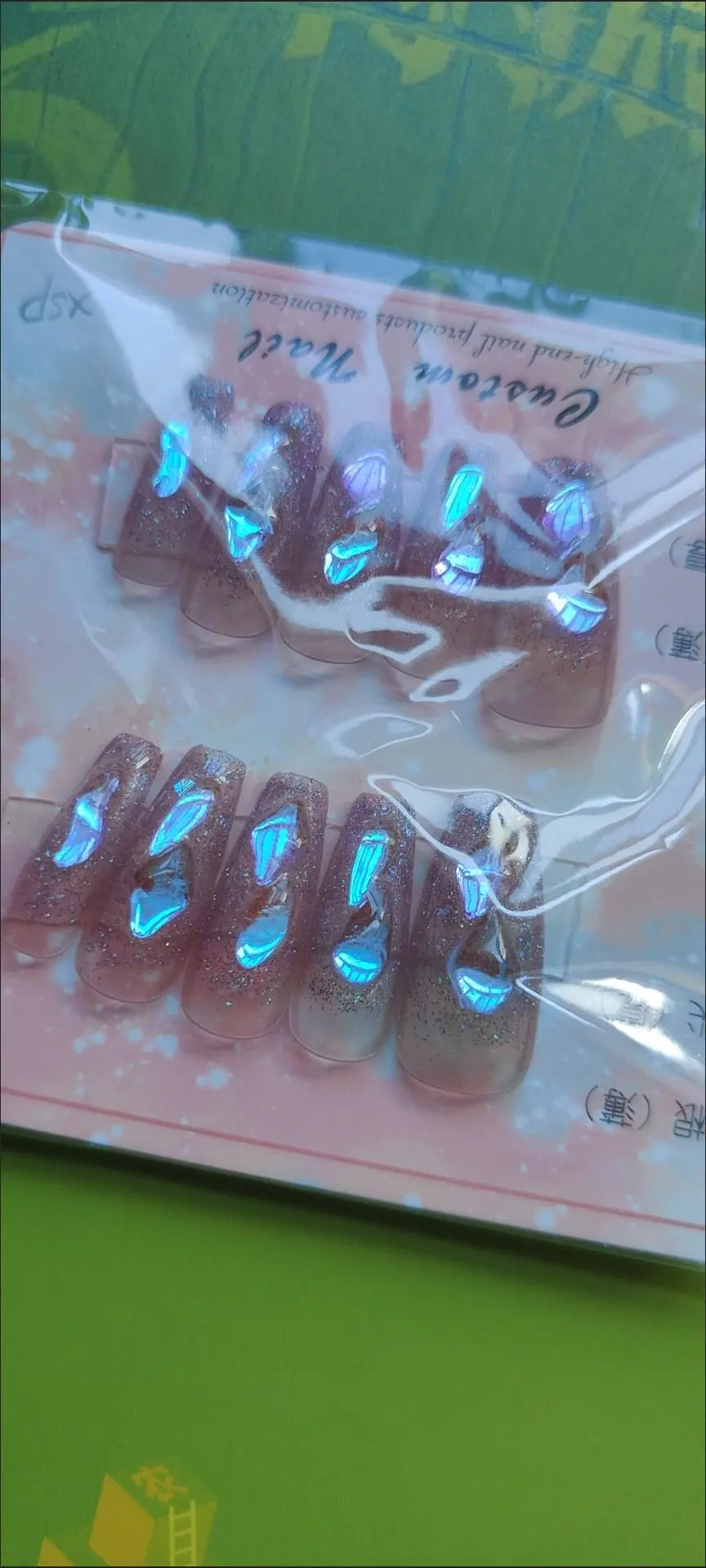 Clear Iridescent Crystal Long Coffin Press-On Nails — customer review photo