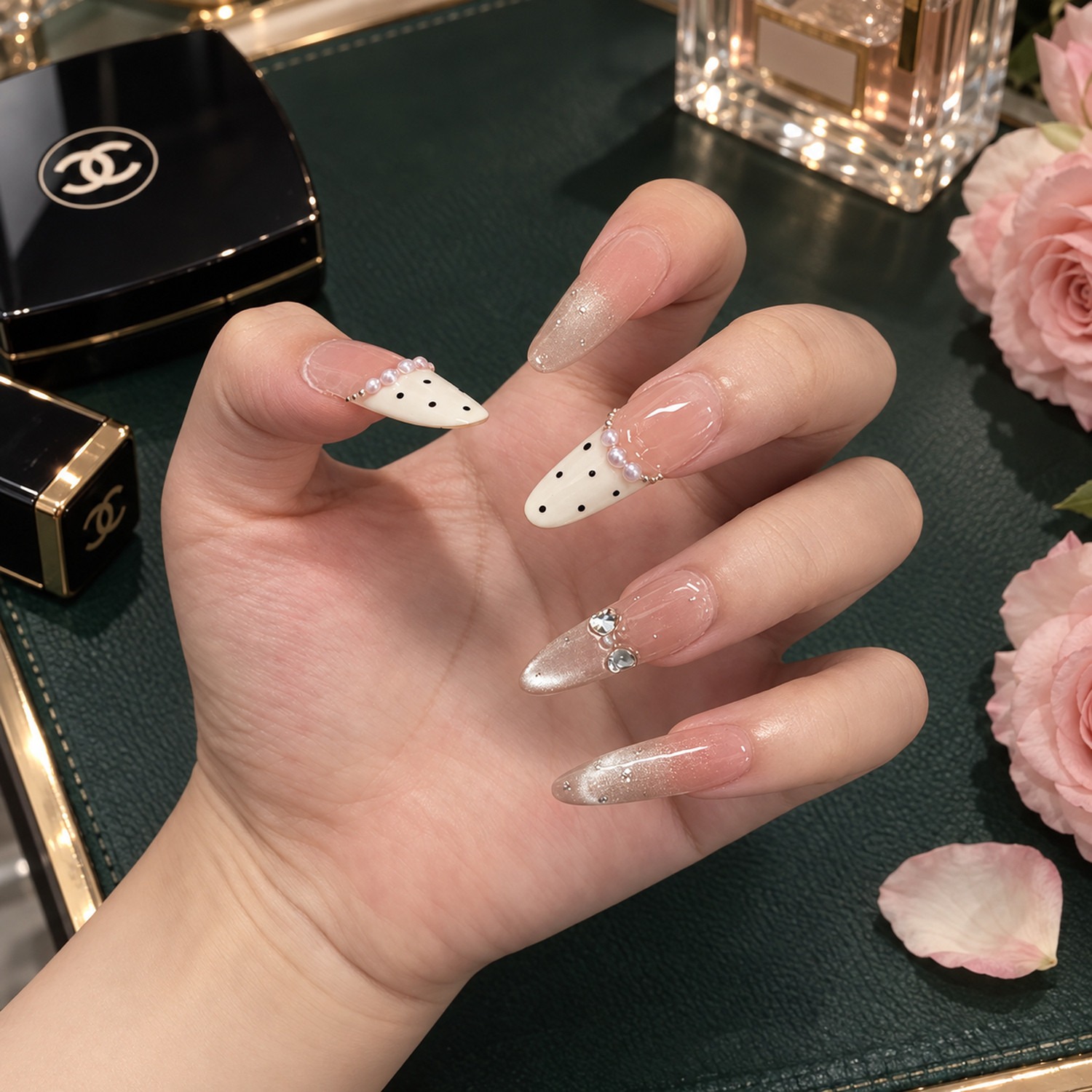 Cream Polka Dot French Tip Long Press-On Nails — product view 2