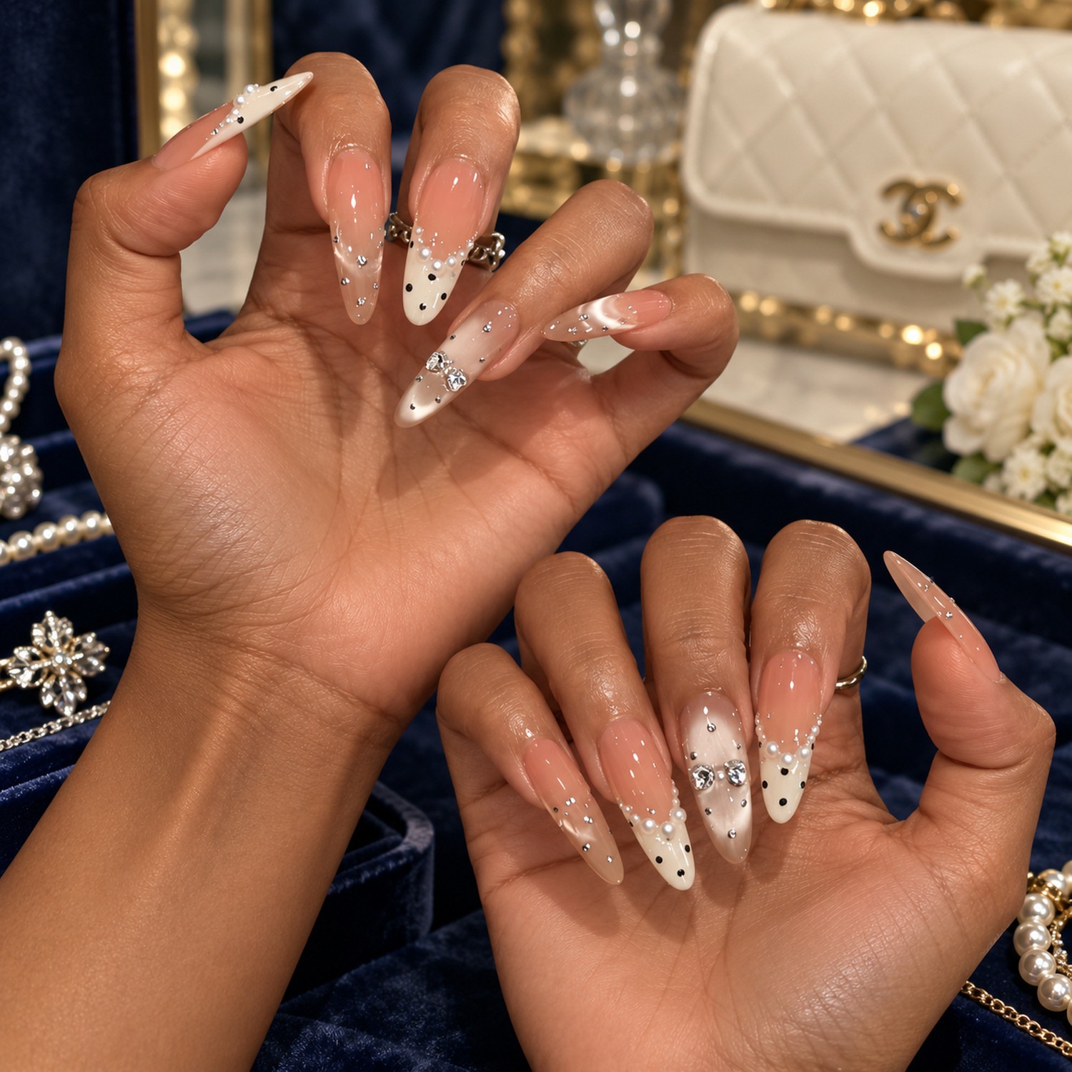 Cream Polka Dot French Tip Long Press-On Nails — product view 3