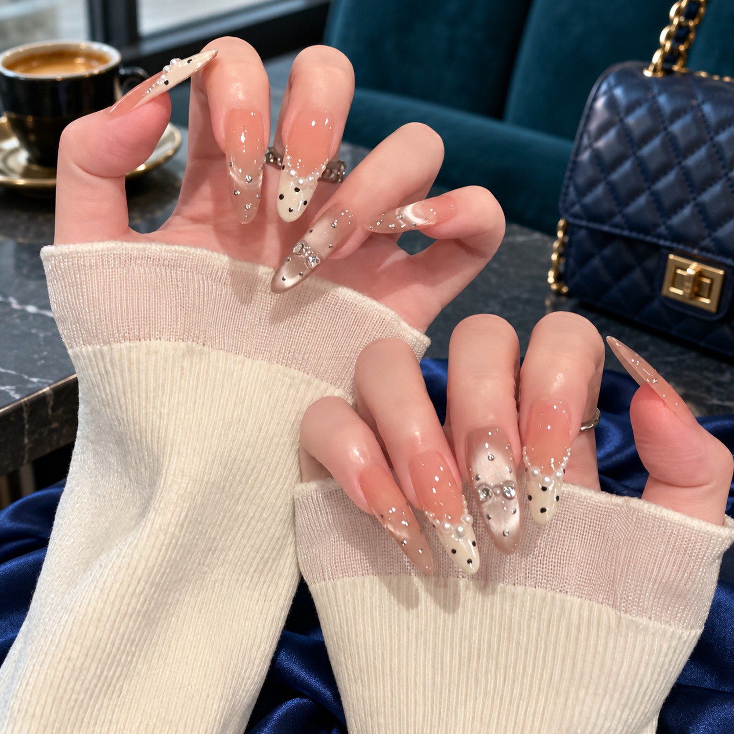 Cream Polka Dot French Tip Long Press-On Nails — product view 4