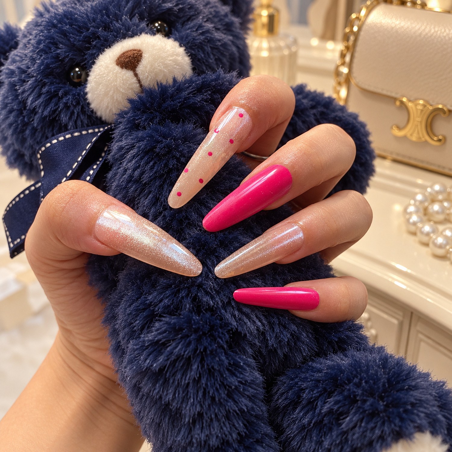 Hot Pink Polka Dot Long Stiletto Press-On Nails — product view 3