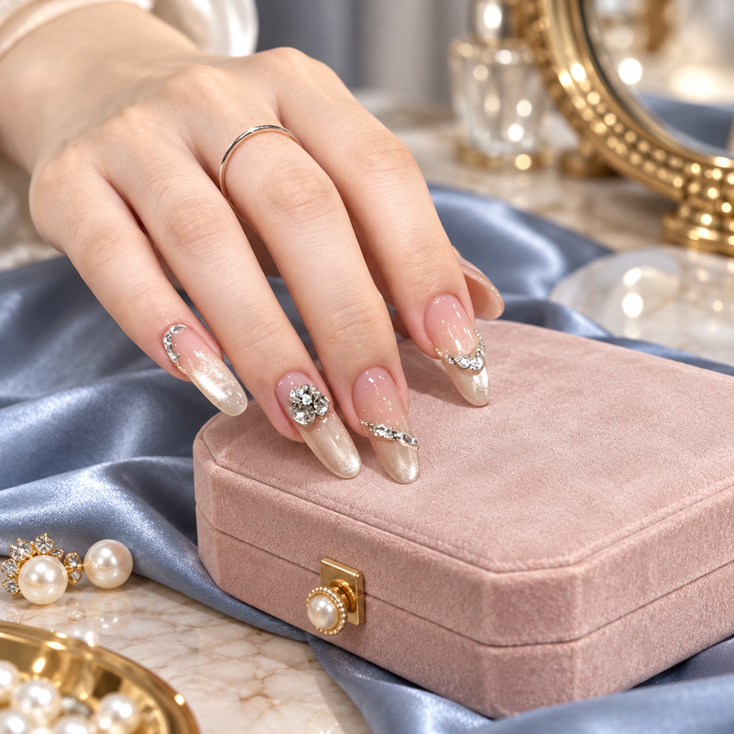 Nude Crystal Cat Eye Medium-Length Press-On Nails — product view 2