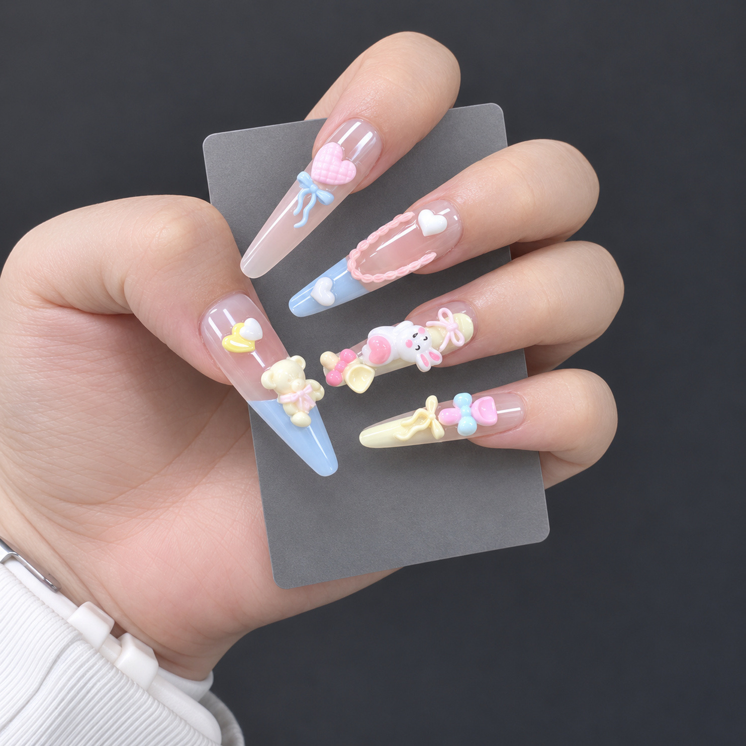 Pastel 3D Bow Long Press-On Nails — product view 2