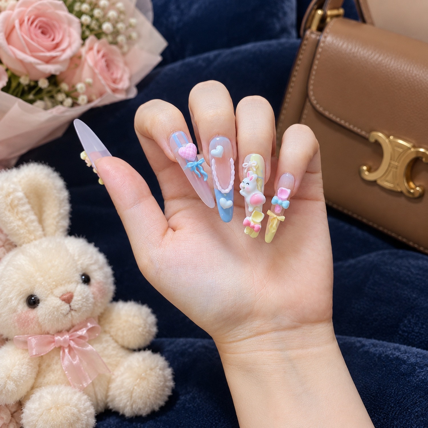 Pastel 3D Bow Long Press-On Nails — product view 4