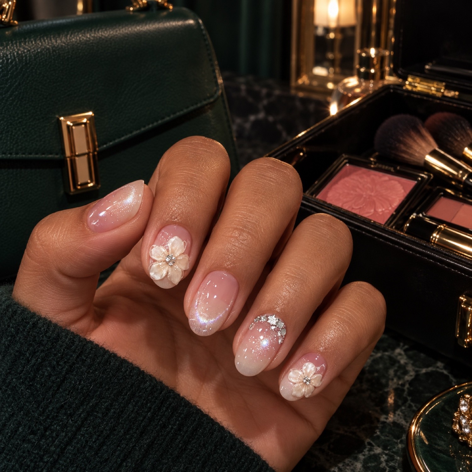 Pink 3D Floral Cat Eye Short Press-On Nails — product view 3