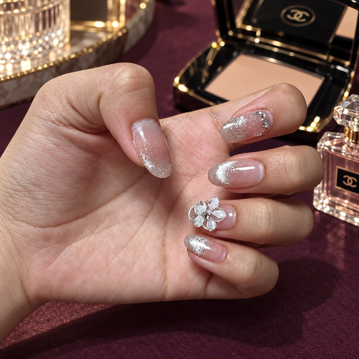 Pink 3D Floral Cat Eye Short Press-On Nails — product view 4