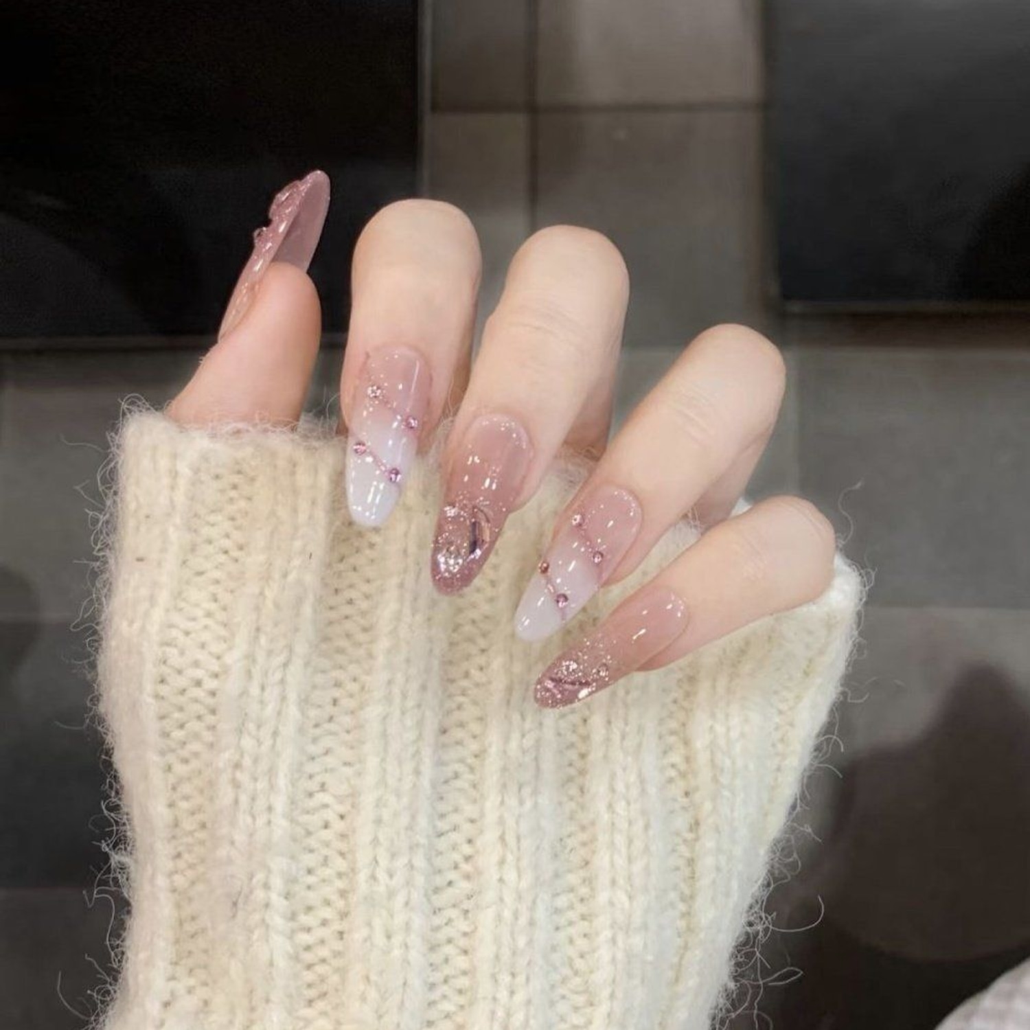 Pink & White Ombre Long Press-On Nails — product view 4