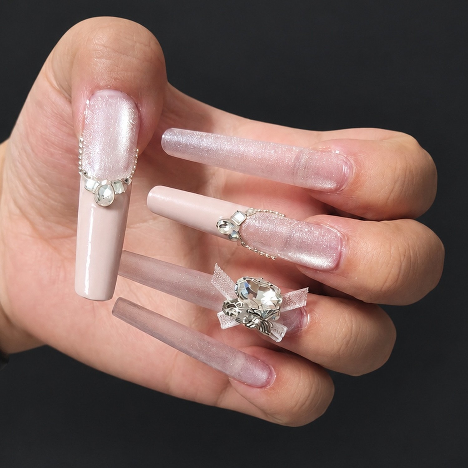Pink Bow Cat Eye Long Coffin Press-On Nails — product view 2