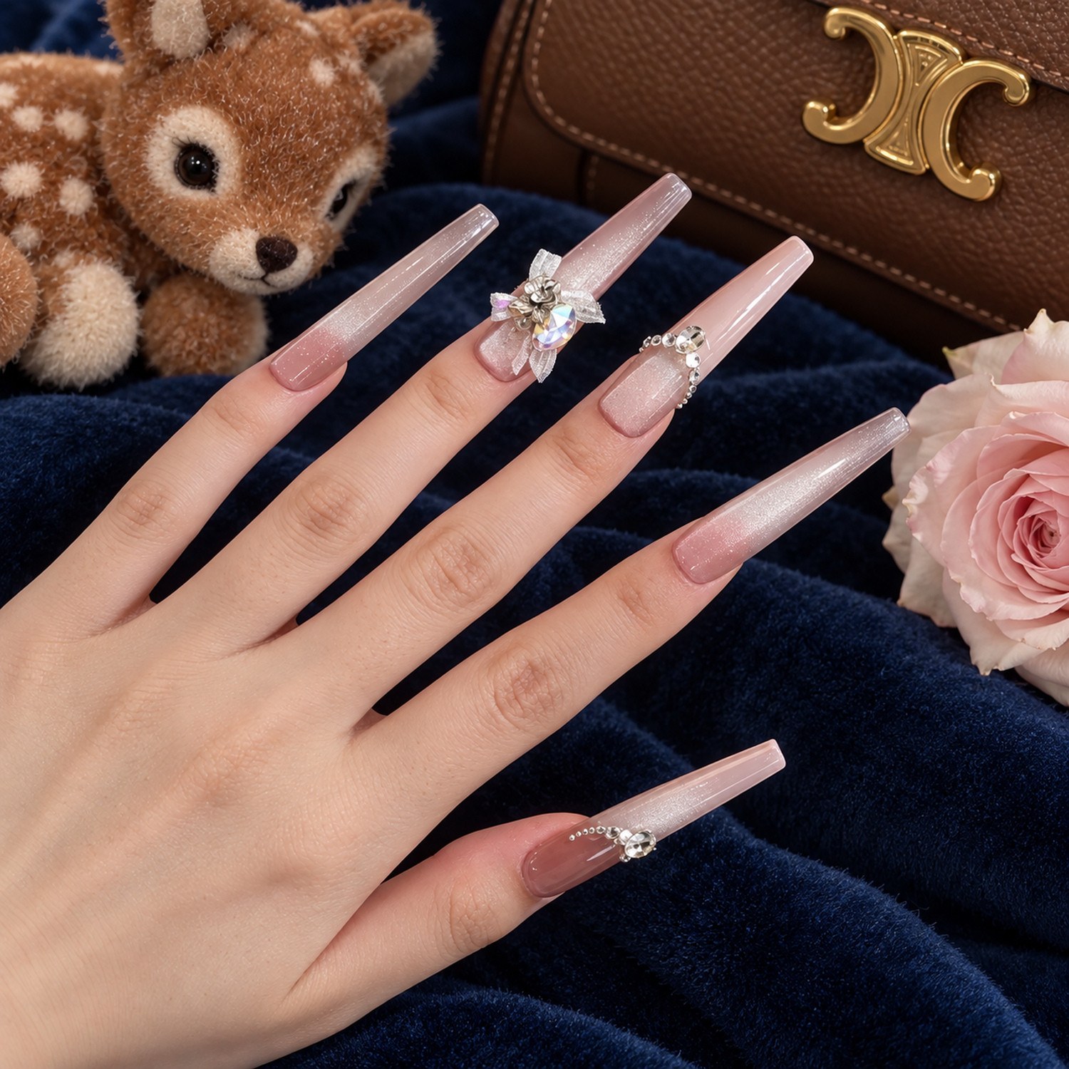 Pink Bow Cat Eye Long Coffin Press-On Nails — product view 3