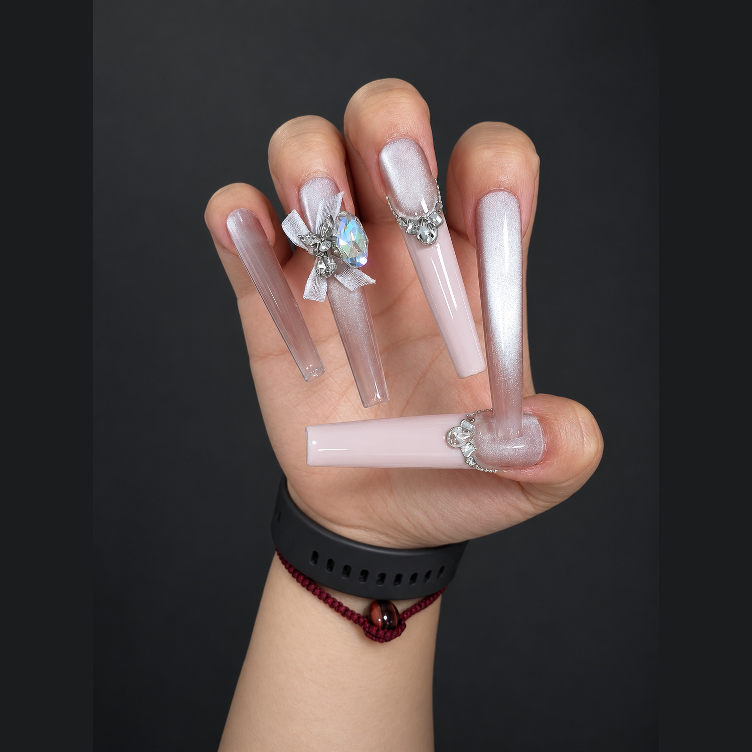 Pink Bow Cat Eye Long Coffin Press-On Nails — product view 4