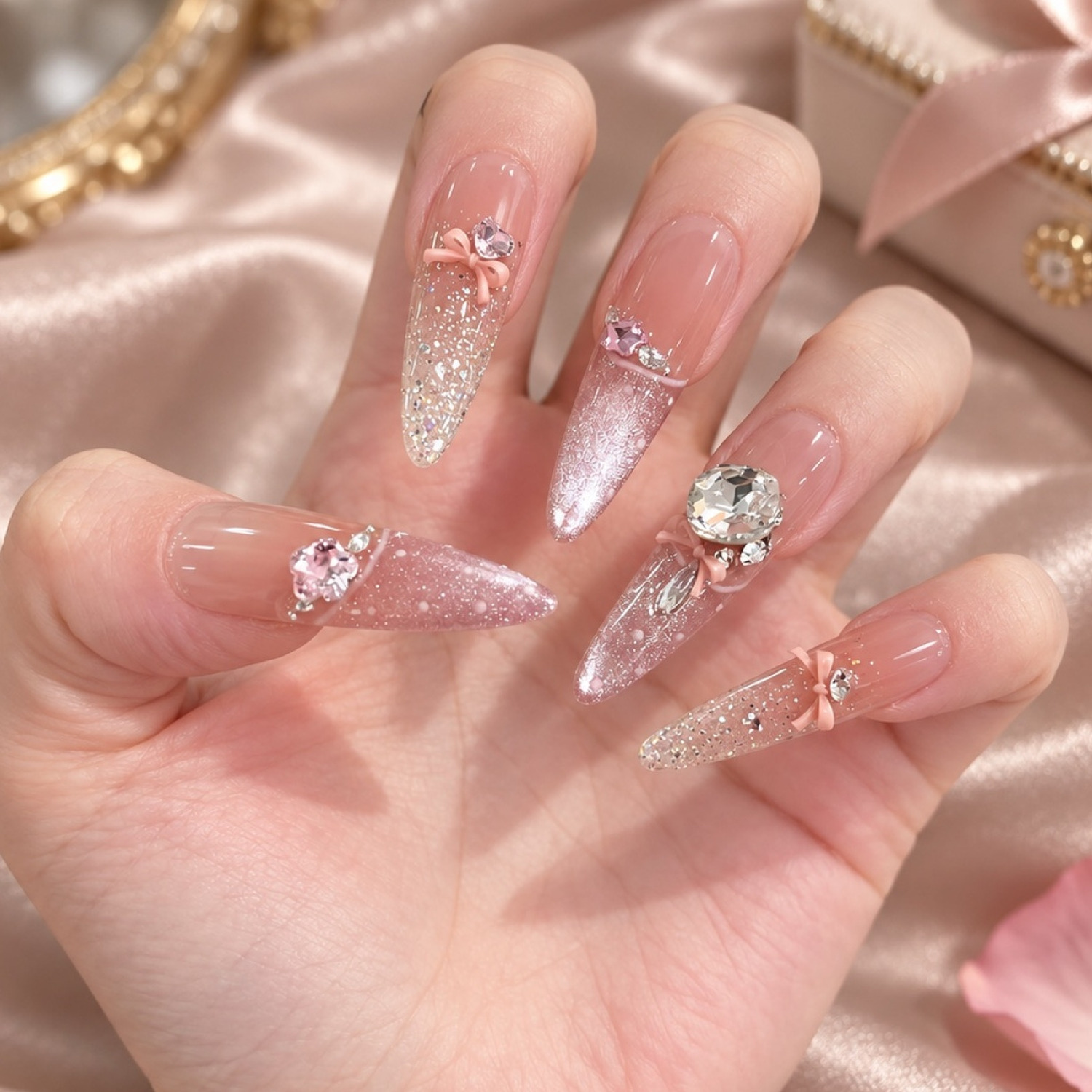 Pink Bow Glitter Long Press-On Nails — product view 2