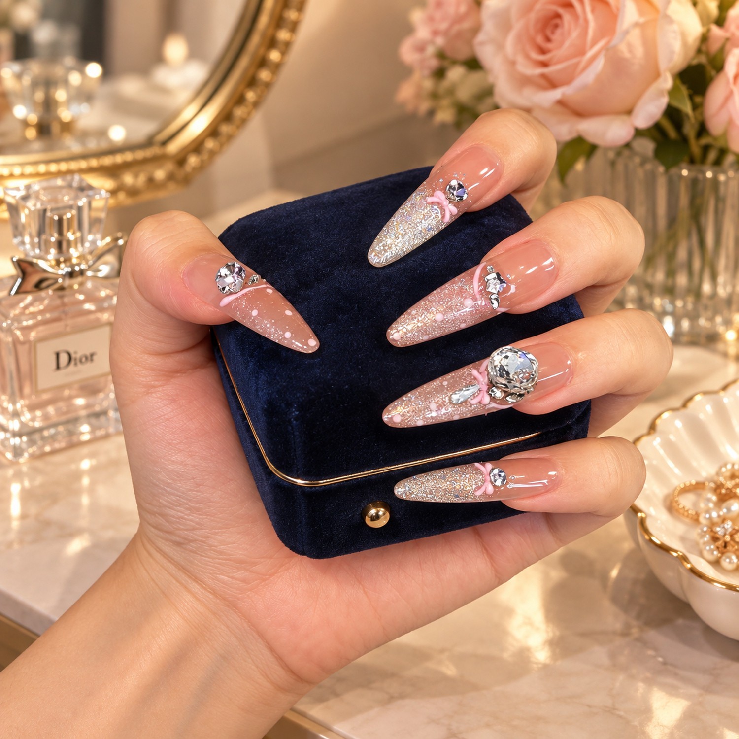 Pink Bow Glitter Long Press-On Nails — product view 3