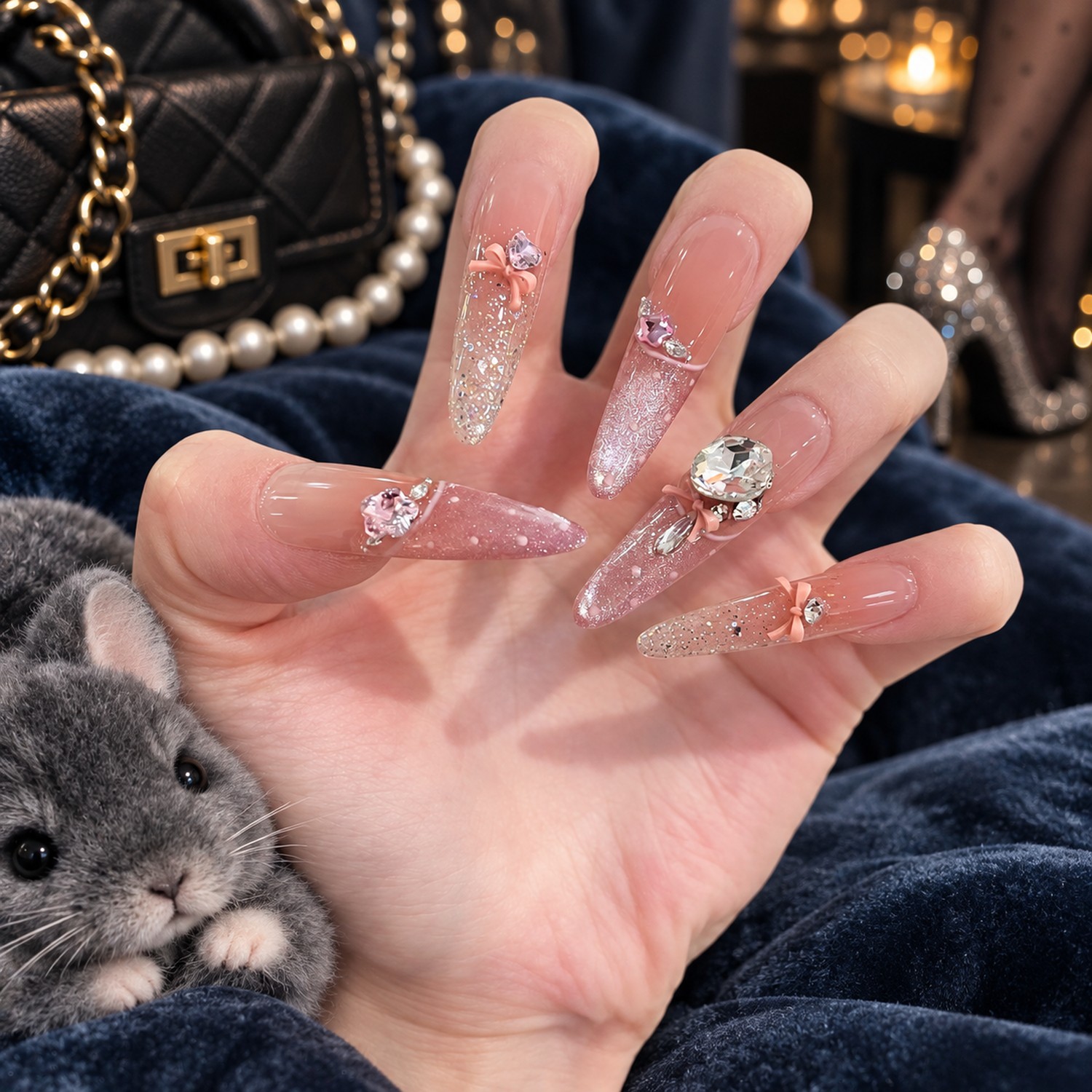 Pink Bow Glitter Long Press-On Nails — product view 4