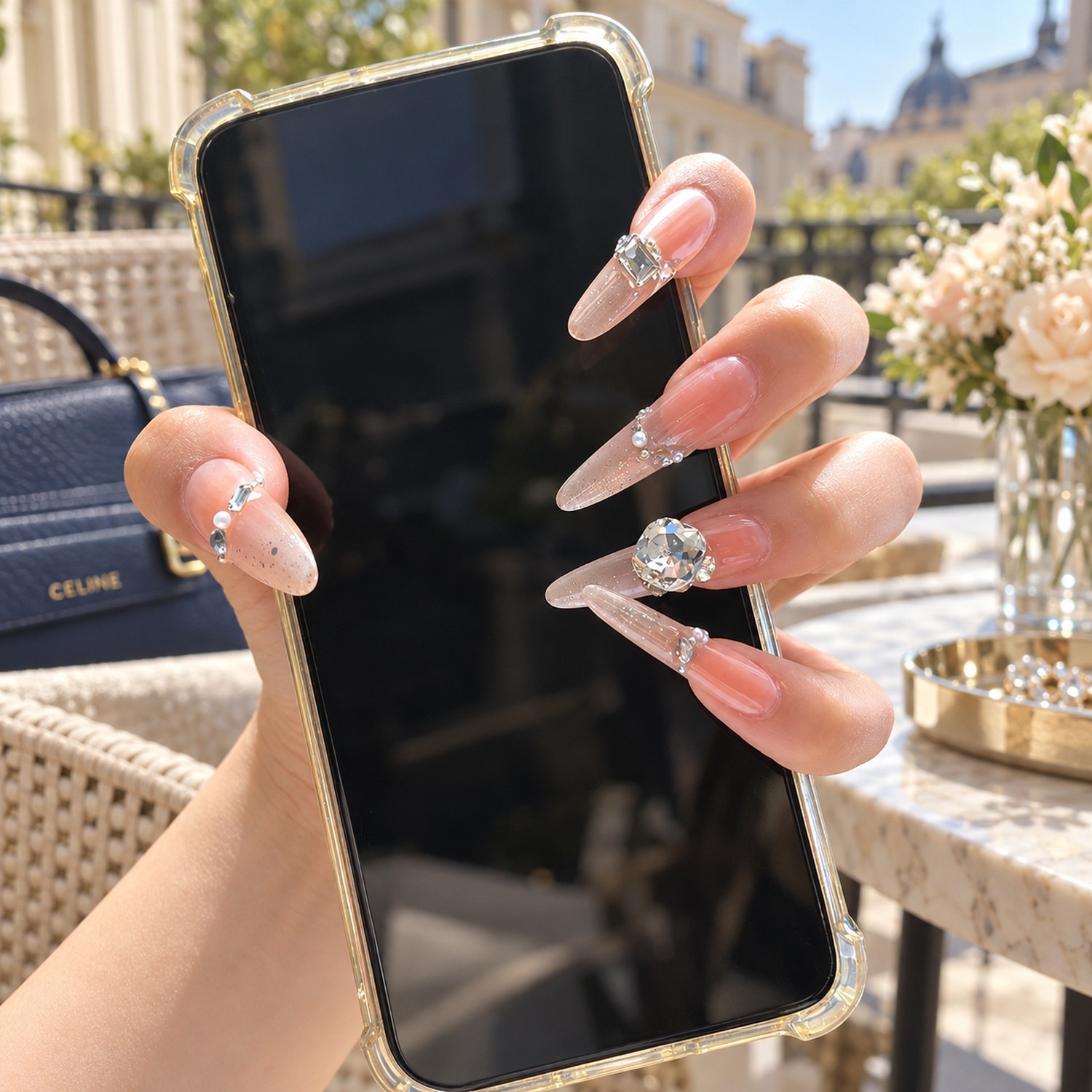 Pink Crystal Glitter Long Press-On Nails — product view 4