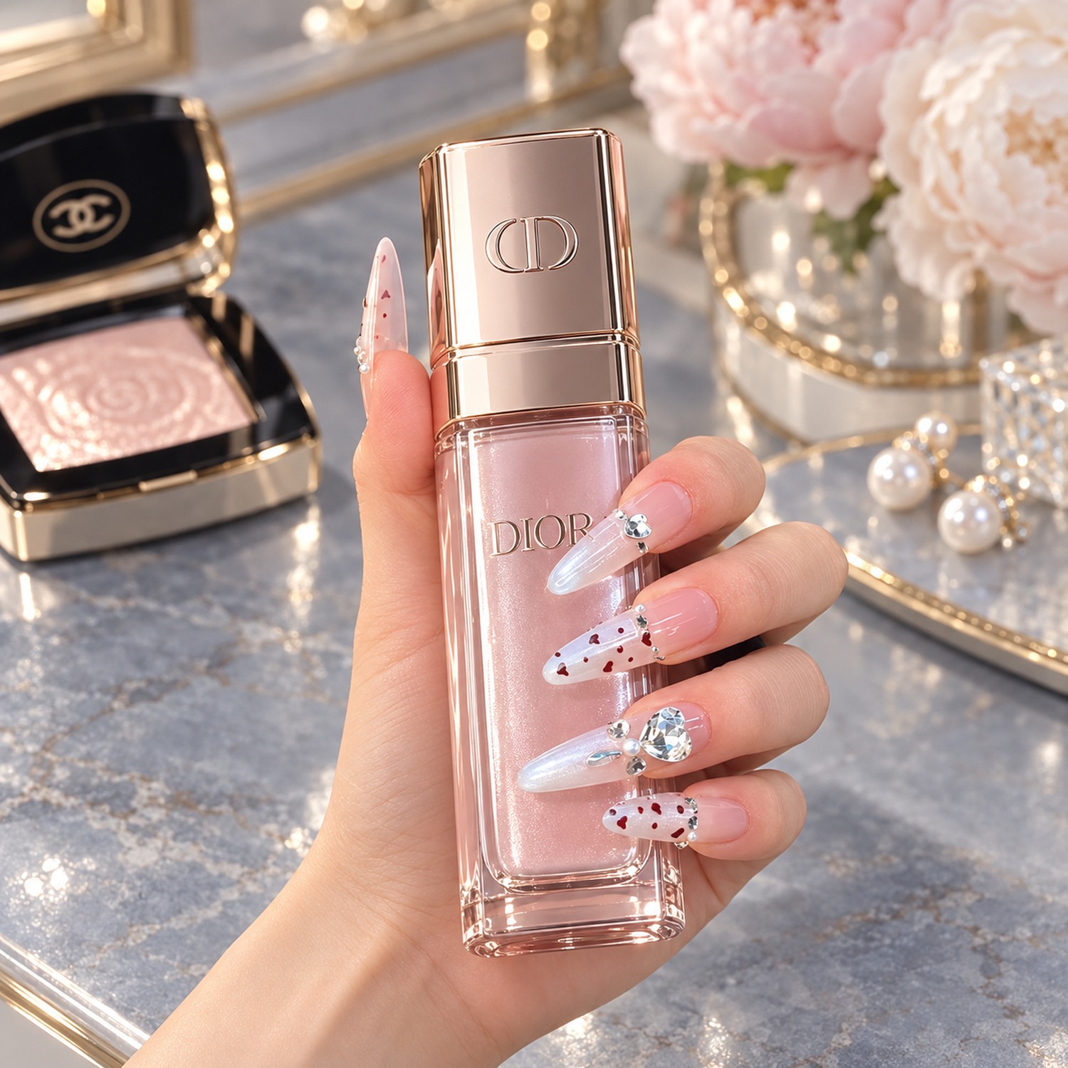 Pink Heart Crystal Long Press-On Nails — product view 2