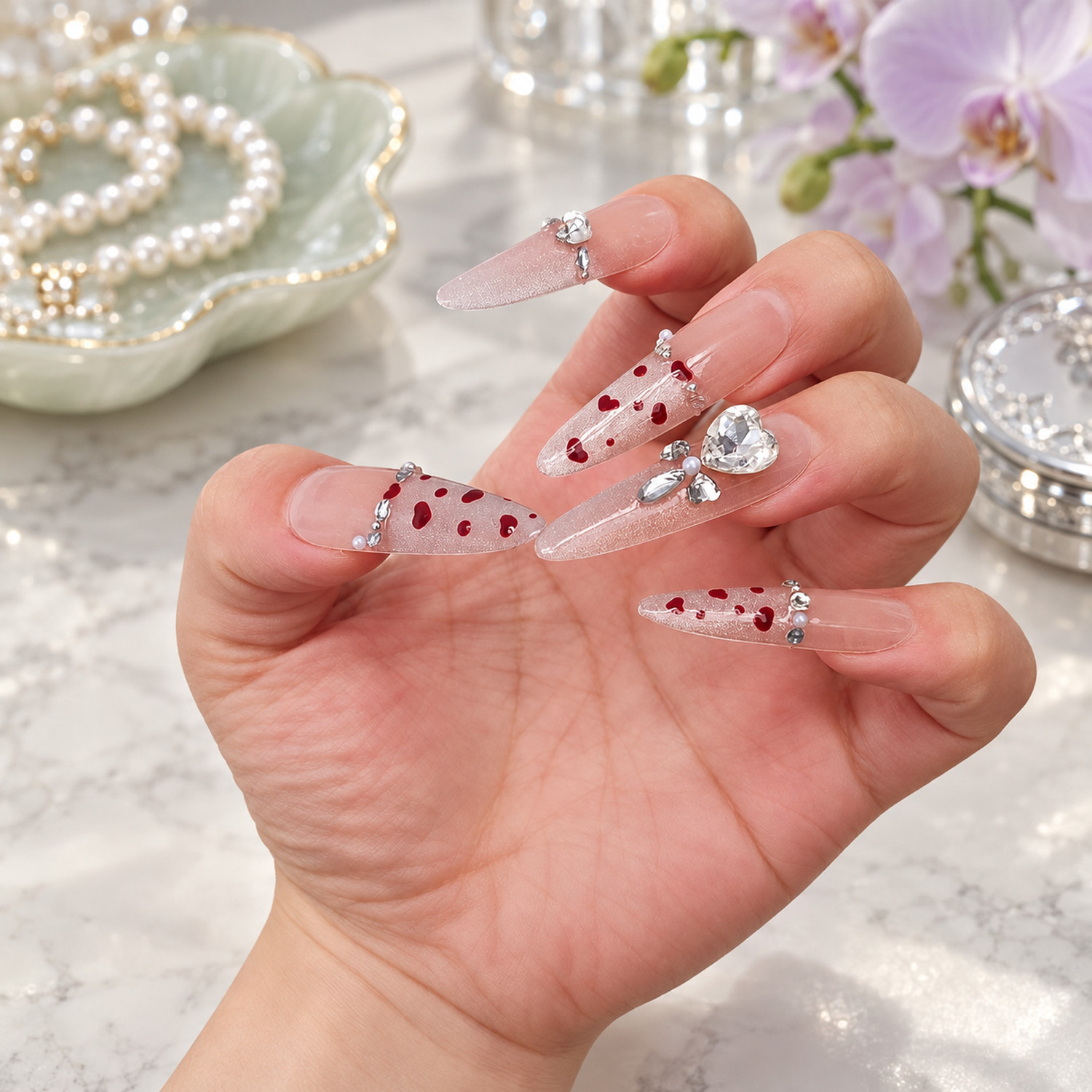 Pink Heart Crystal Long Press-On Nails — product view 3