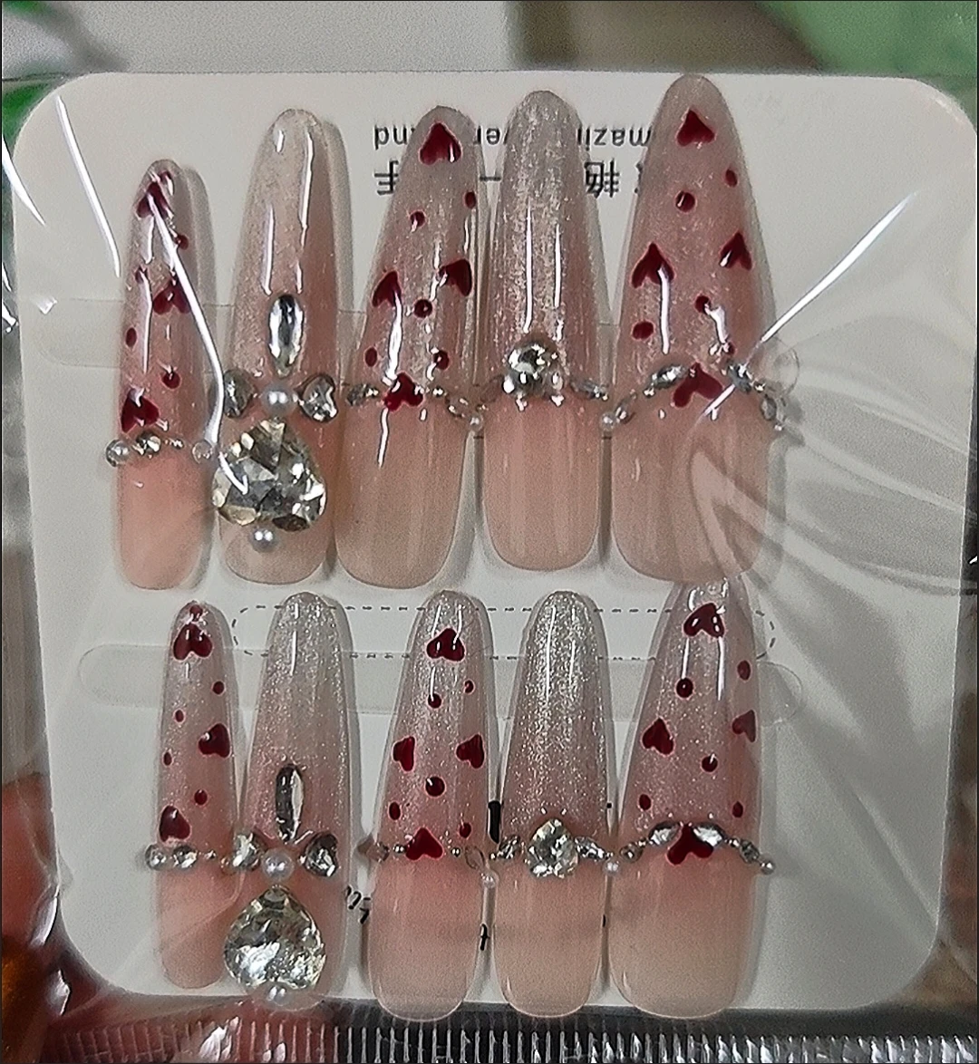 Pink Heart Crystal Long Press-On Nails — customer review photo