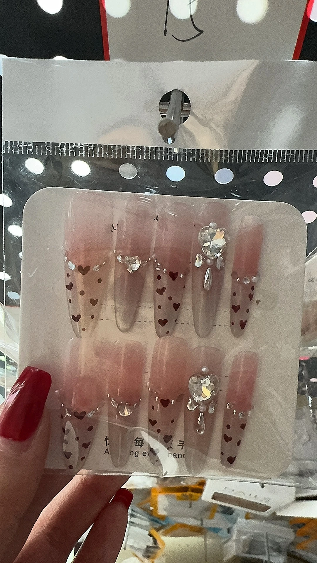 Pink Heart Crystal Long Press-On Nails — customer review photo