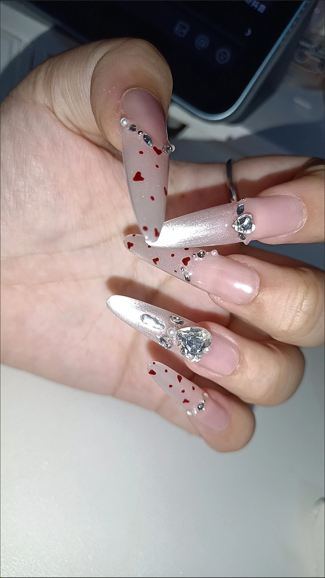 Pink Heart Crystal Long Press-On Nails — customer review photo
