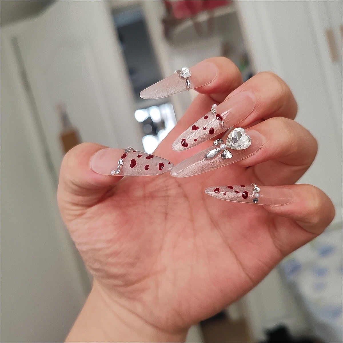 Pink Heart Crystal Long Press-On Nails — customer review photo