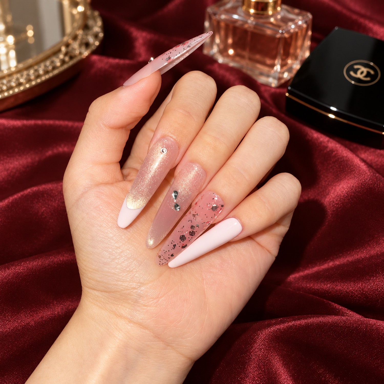 Pink Heart Glitter Long Press-On Nails — product view 2