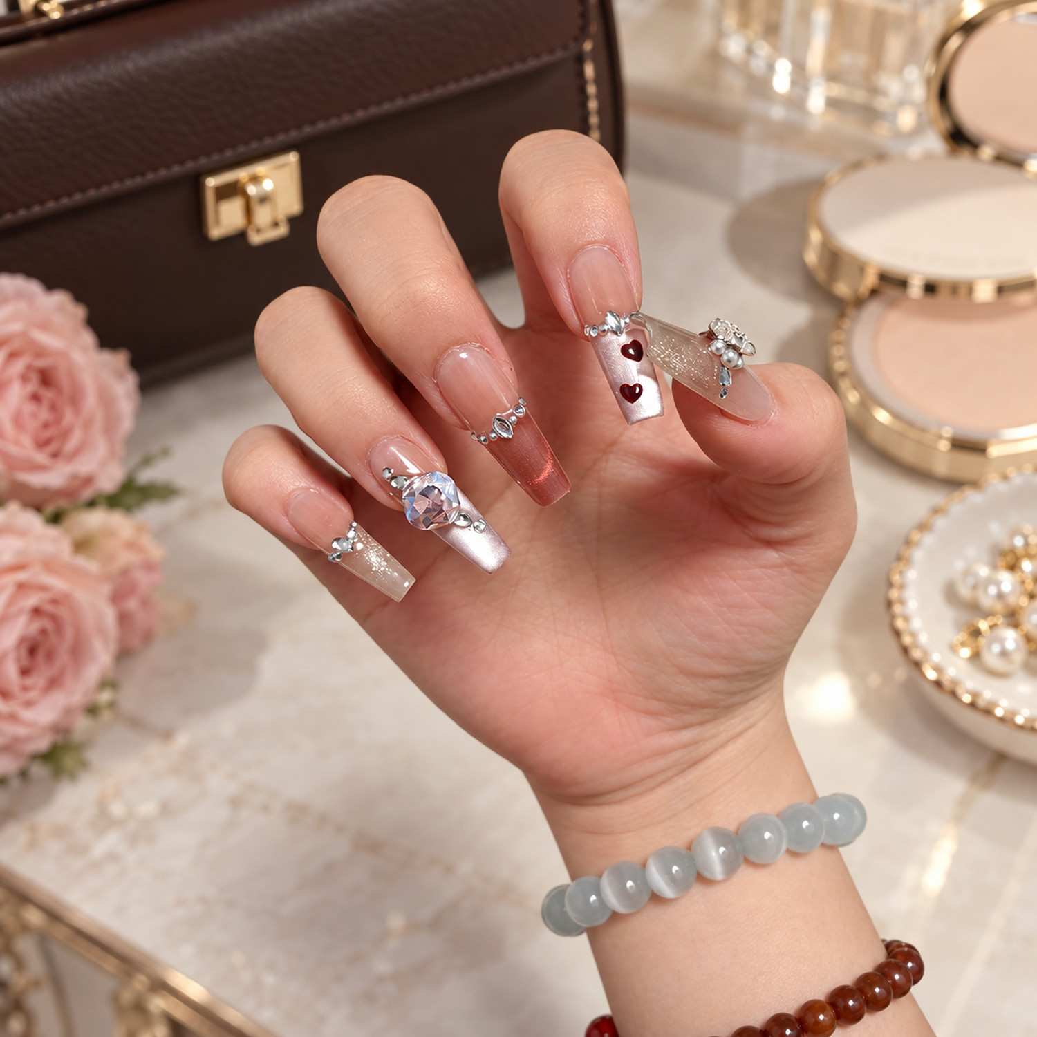Pink Heart Rhinestone Long Coffin Press-On Nails — product view 2