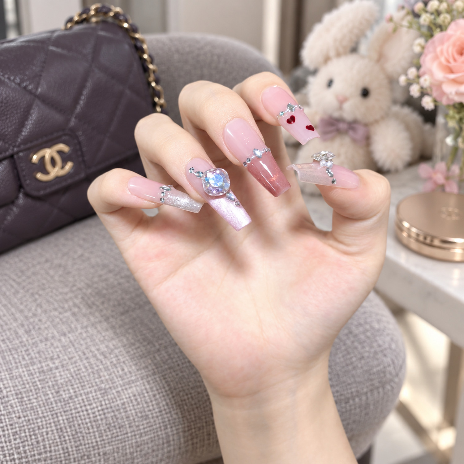 Pink Heart Rhinestone Long Coffin Press-On Nails — product view 3