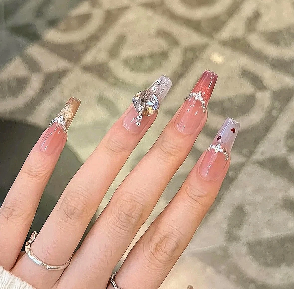 Pink Heart Rhinestone Long Coffin Press-On Nails — customer review photo