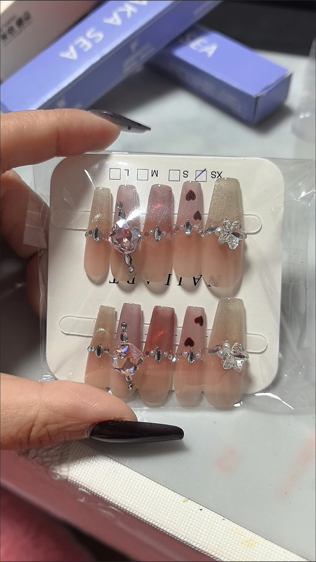 Pink Heart Rhinestone Long Coffin Press-On Nails — customer review photo