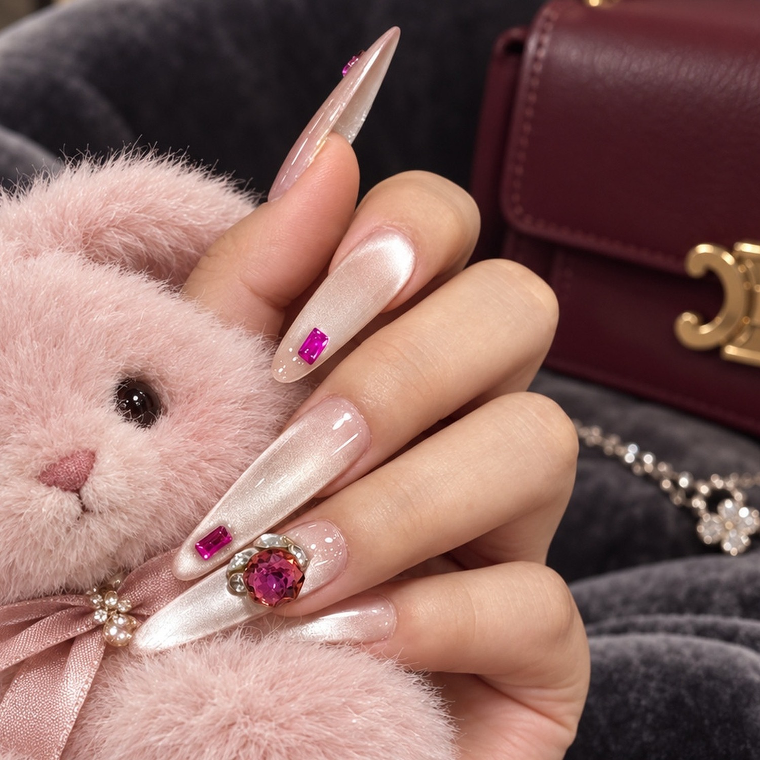 Pink Jelly Rhinestone Long Press-On Nails — product view 2