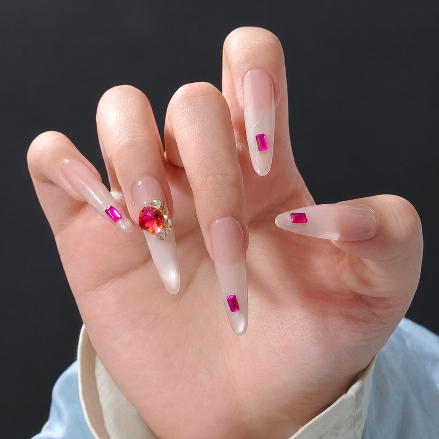 Pink Jelly Rhinestone Long Press-On Nails — product view 3