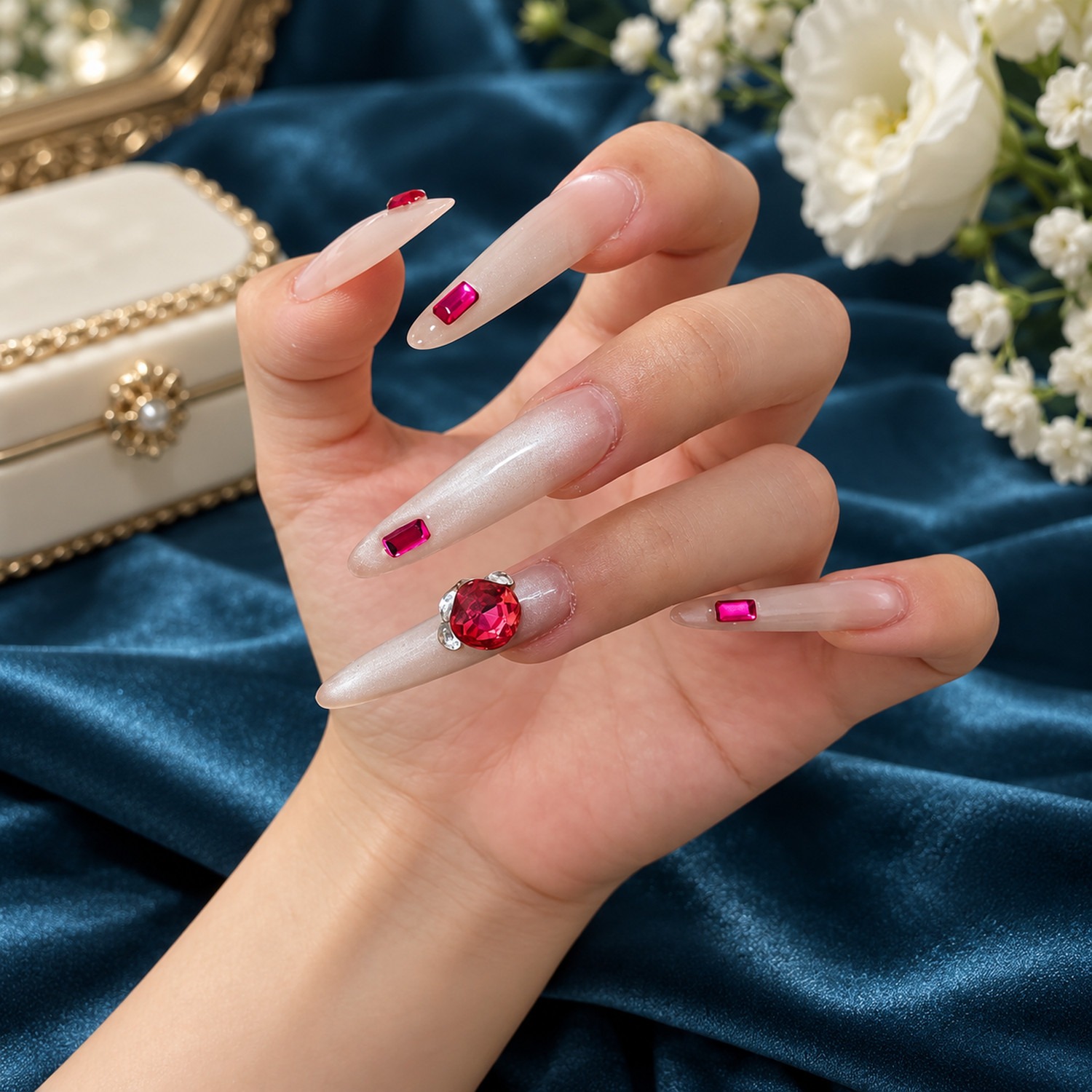 Pink Jelly Rhinestone Long Press-On Nails — product view 5