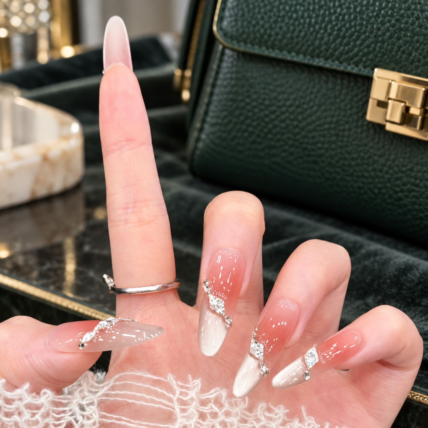 Pink Rhinestone French Tip Long Press-On Nails — product view 2