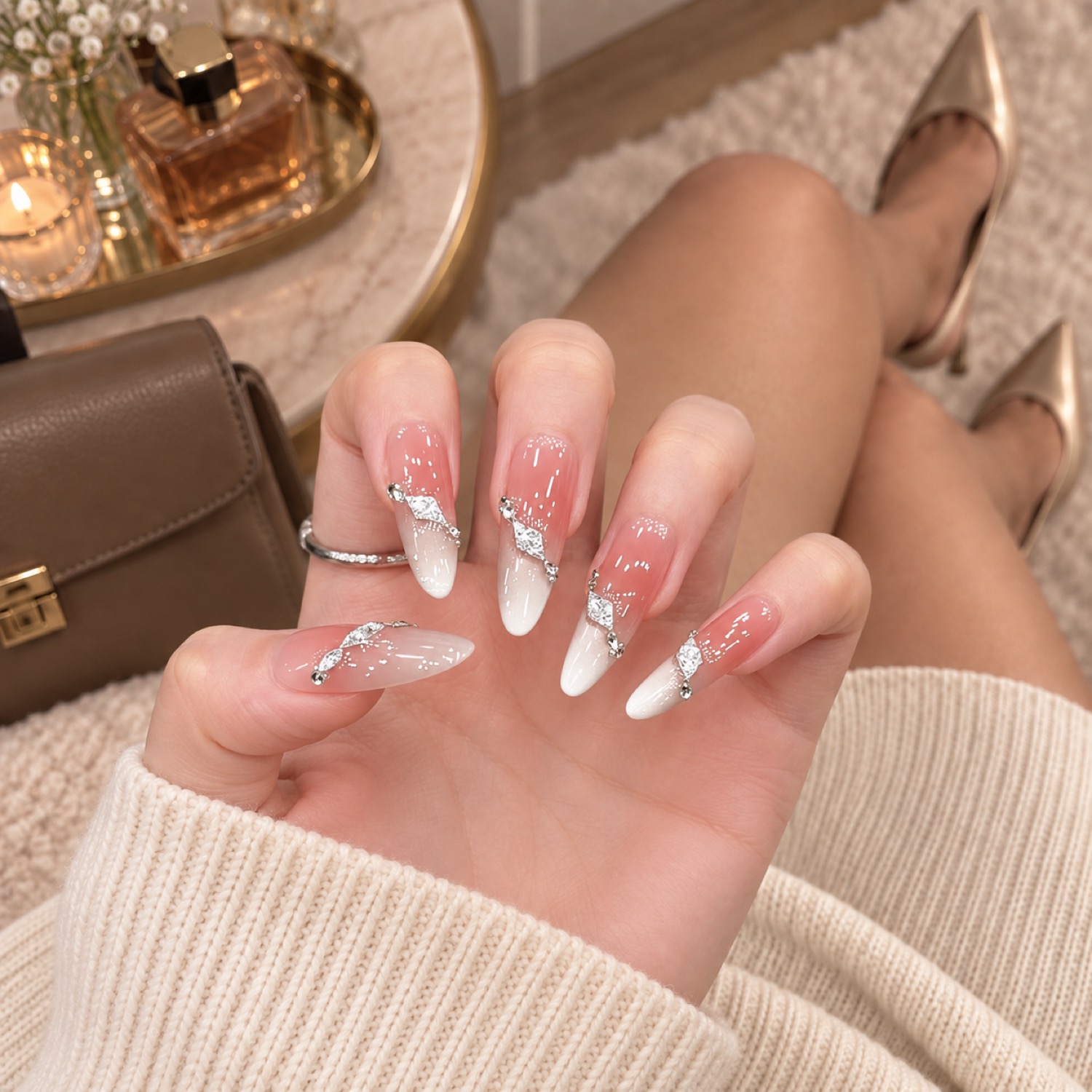 Pink Rhinestone French Tip Long Press-On Nails — product view 3