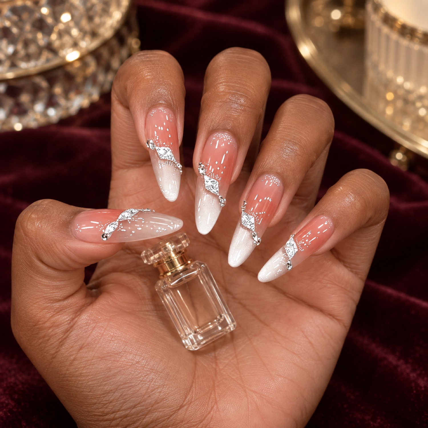 Pink Rhinestone French Tip Long Press-On Nails — product view 4
