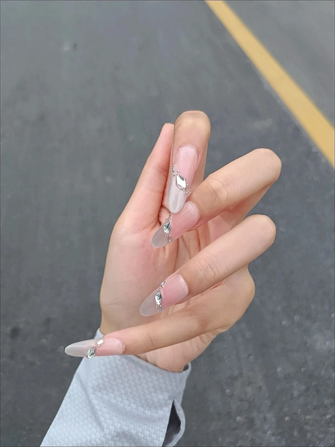Pink Rhinestone French Tip Long Press-On Nails — customer review photo