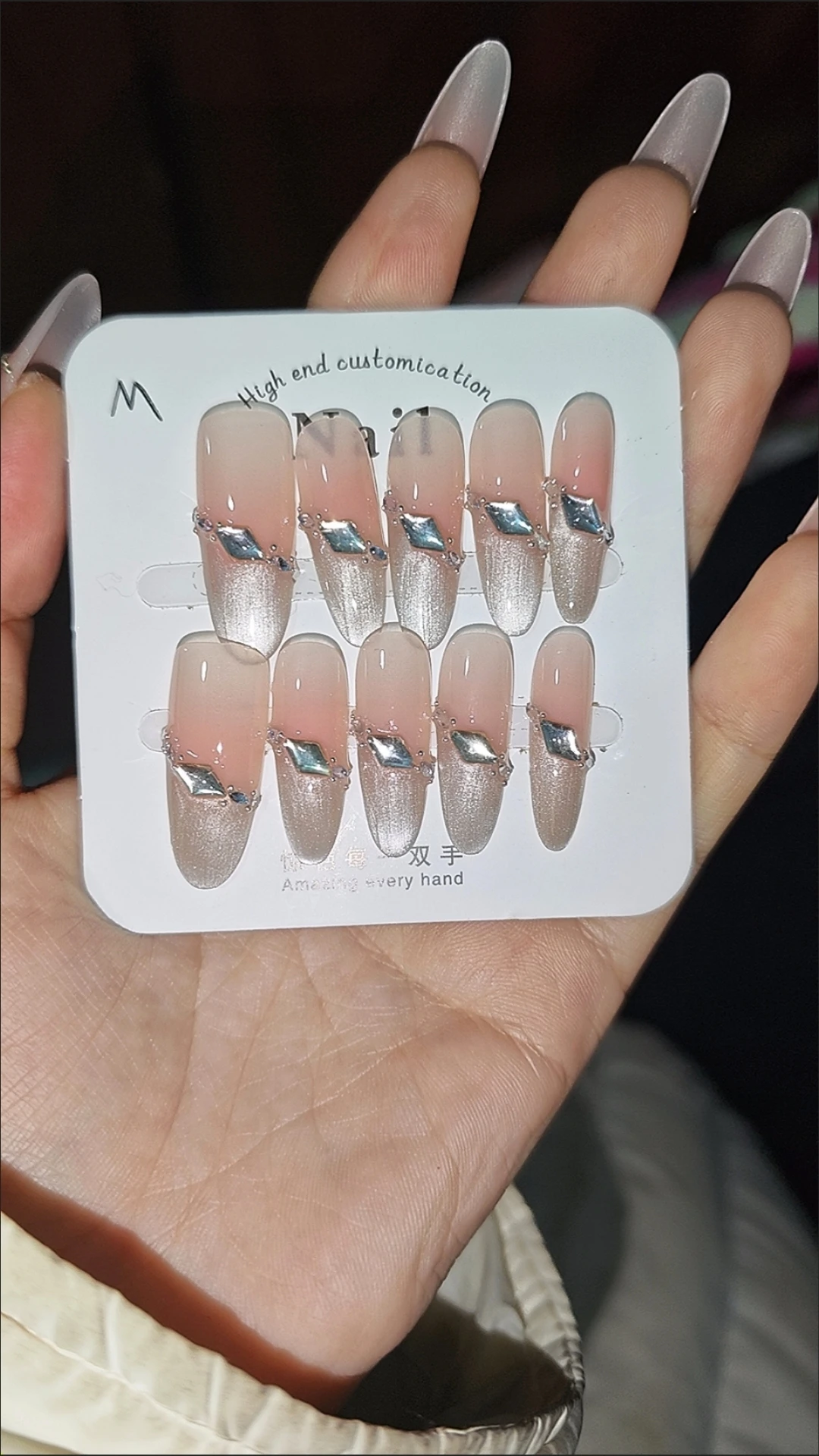 Pink Rhinestone French Tip Long Press-On Nails — customer review photo