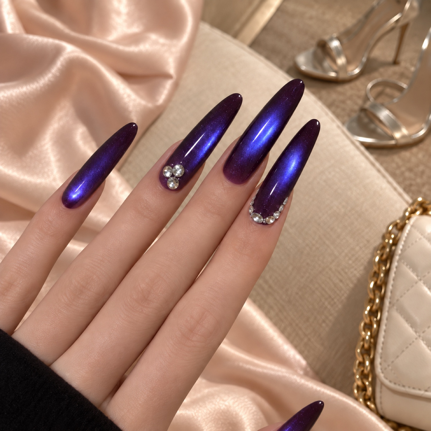 Purple Cat Eye Rhinestone Long Press-On Nails — product view 3
