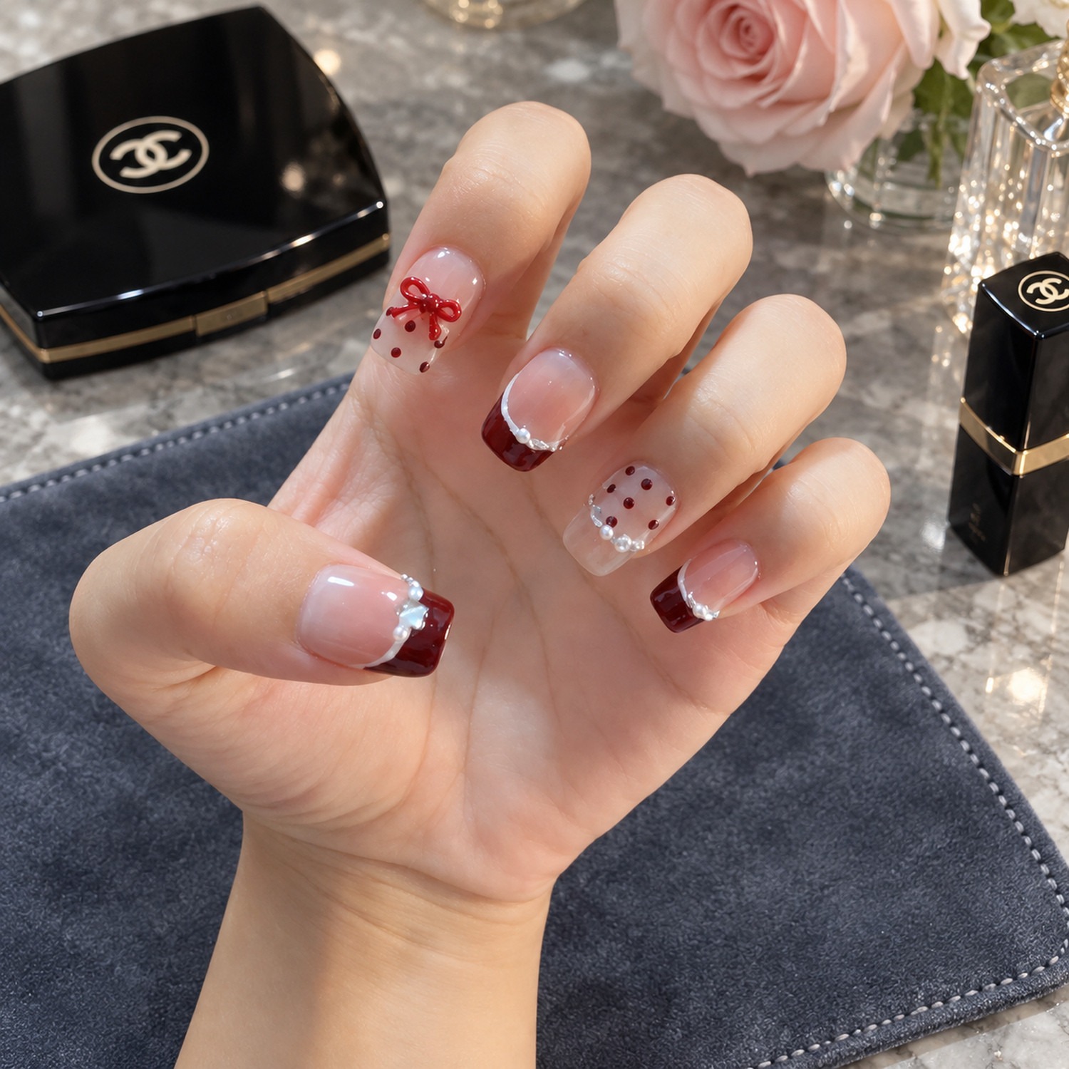 Red French Tip Short Square Press-On Nails — product view 2