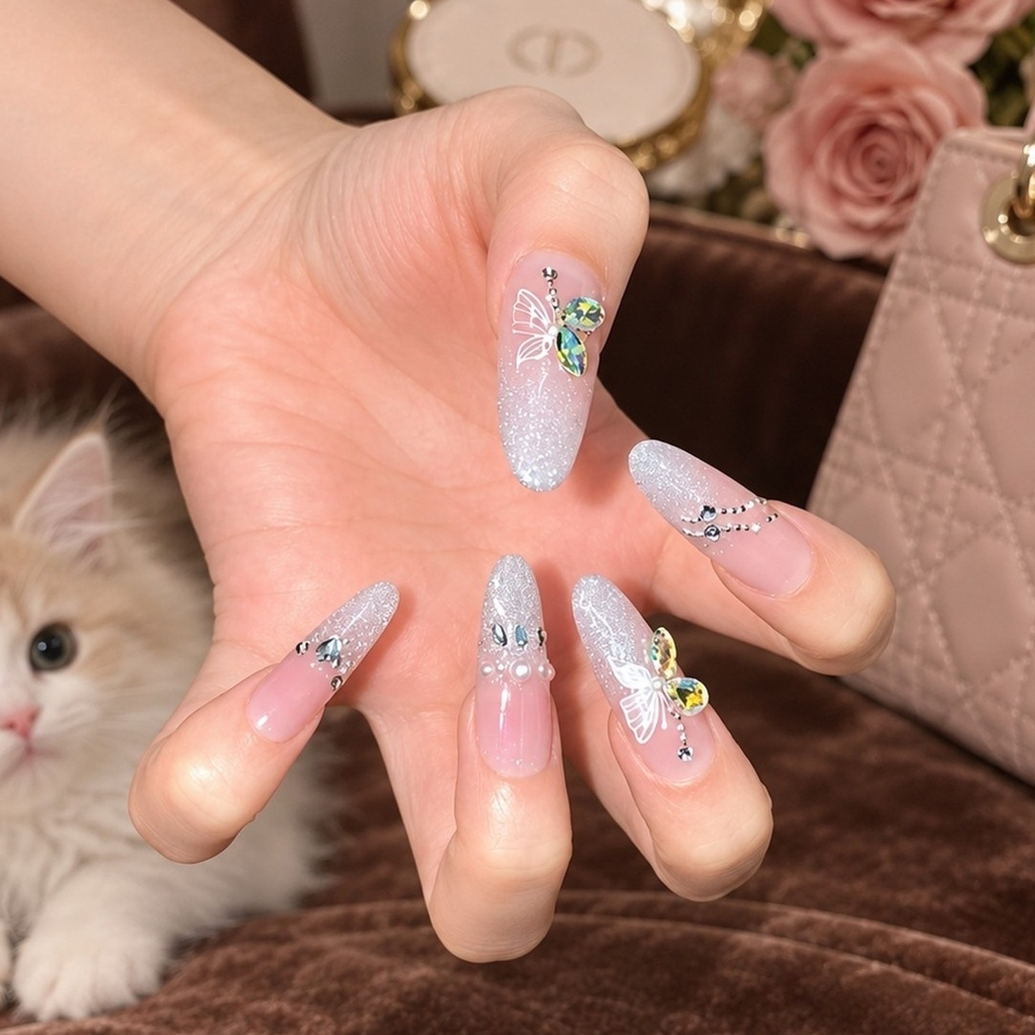 Silver Butterfly Cat Eye Long Oval Press-On Nails — product view 2