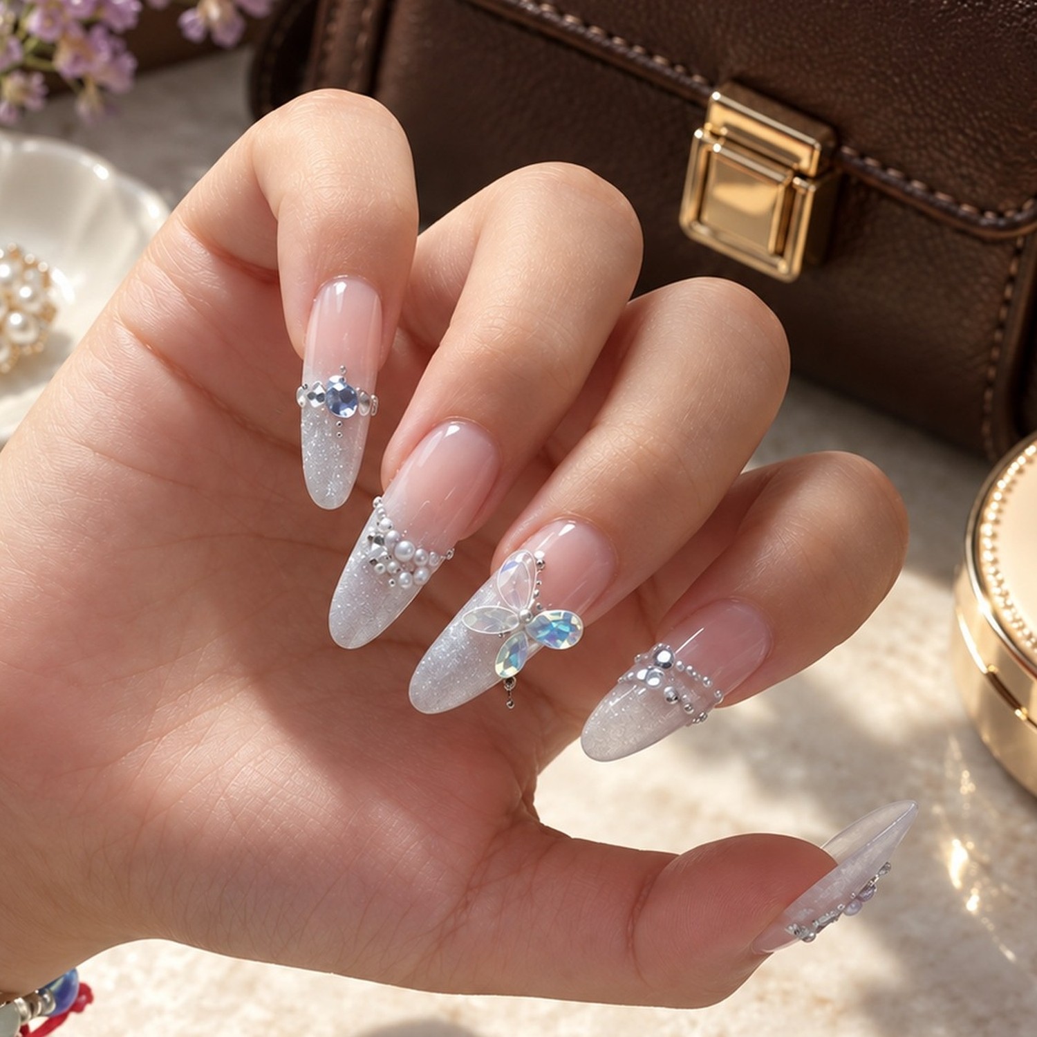 Silver Butterfly Cat Eye Long Oval Press-On Nails — product view 3